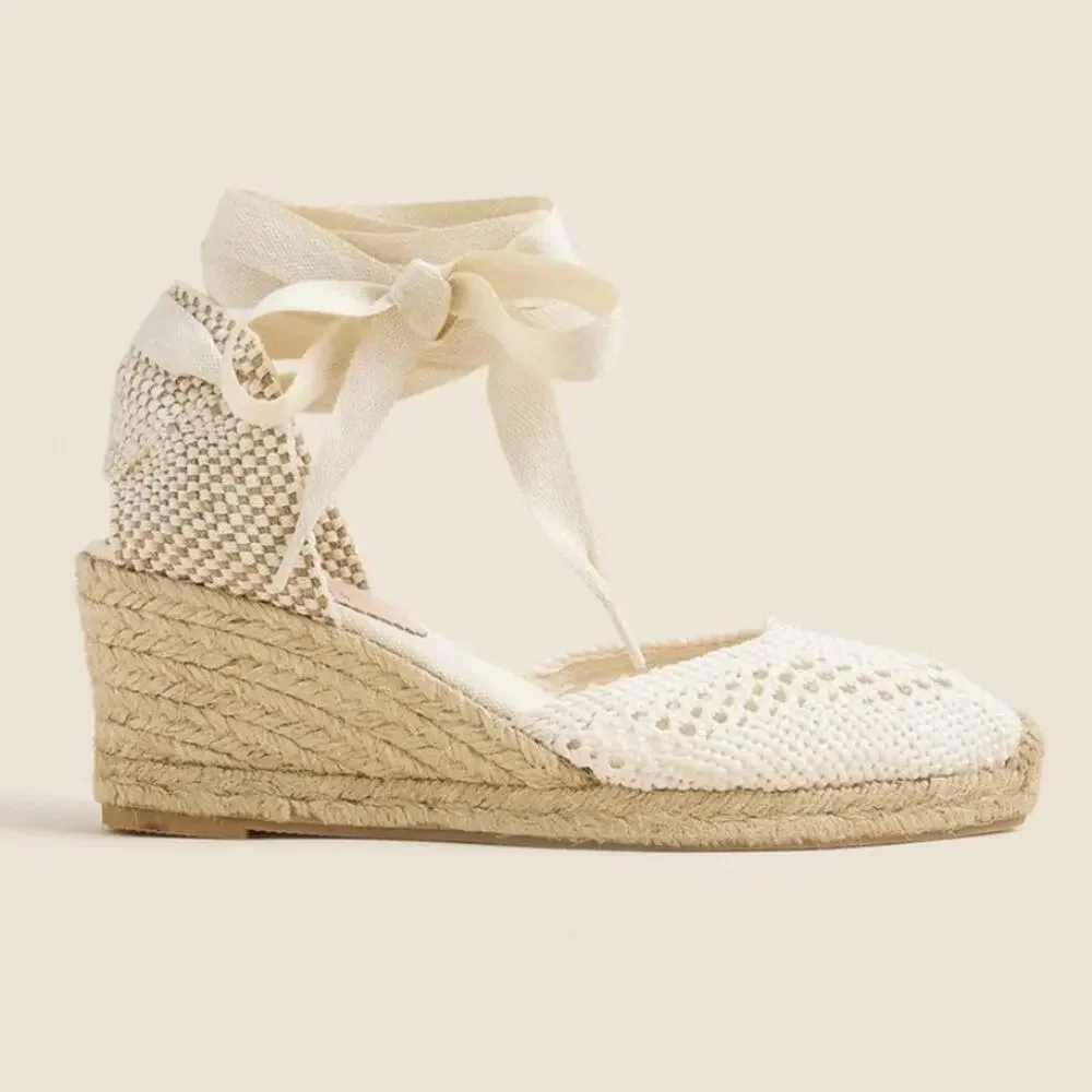 NEW J.Crew Made-in-Spain Lace-up Espadrilles Crochet Cream Wedges SZ 9 PERFECT